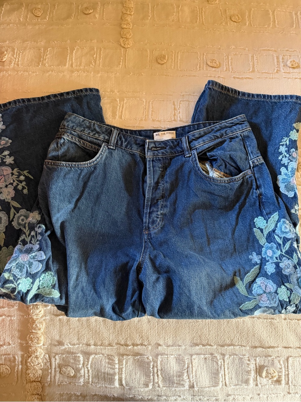 Free People Dark Blue Embroidered Wide-Leg Jeans